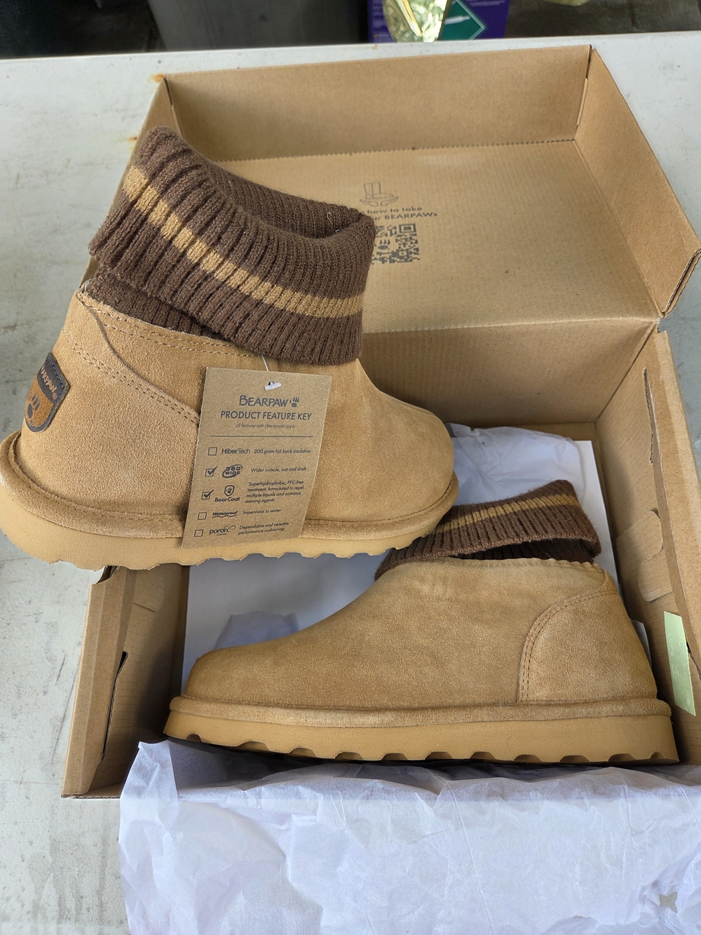 BearPaw Tan Suede Ankle Boots with Brown Knit Cuff Stripe